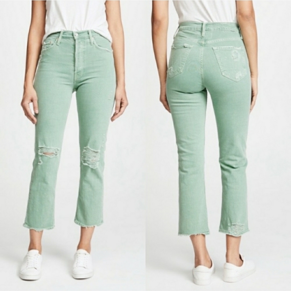 MOTHER Sage/Mint Green cropped tomcat jeans